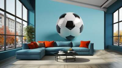 Classic black and white soccer ball on a light blue background Wall mural