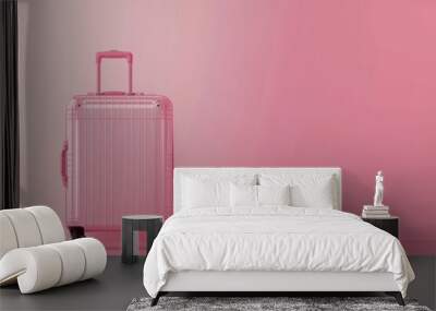 Pink luggage standing against a light pink background in a minimalist setting Wall mural