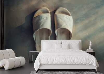 Simple beige sandals resting on a textured surface in soft natural light Wall mural