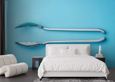 Stainless steel serving tongs on a bright blue background Wall mural