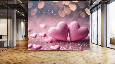  pink hearts on a sparkling abstract background symbolize love and romance, creating a captivating visual for Valentine's Day concepts Wall mural