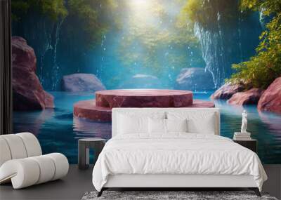 3D render of abstract blue beauty podium with water background, ideal for cosmetic product presentations Wall mural