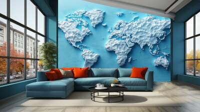 3D world map rendered on a soft blue gradient background. The sleek design highlights global connectivity and simplicity, perfect for modern and clean visuals Wall mural