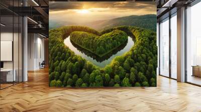 Aerial view of a lush, green forest forming the shape of a heart, symbolizing love for nature, commitment to ecology, and the importance of protecting biodiversity and addressing climate change Wall mural