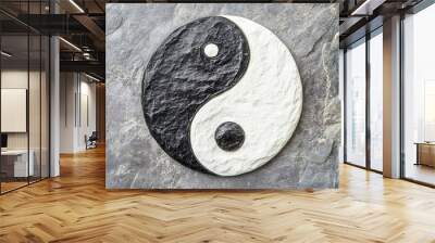 black and white yin yang symbol represents the concept of balance and harmony in duality. The curved shapes illustrate the interconnectedness of opposing forces, symbolizing unity and equilibrium Wall mural