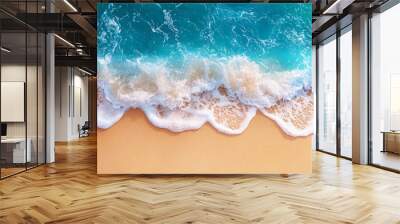 blue ocean wave rolling onto a pristine sandy beach, capturing the serene beauty of nature's simplicity and peaceful escap Wall mural