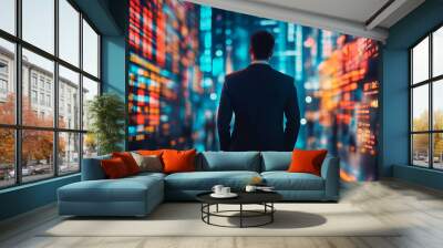 businessman in a suit stands confidently in a modern office, symbolizing professionalism, ambition, and the pursuit of success in a competitive corporate environment Wall mural