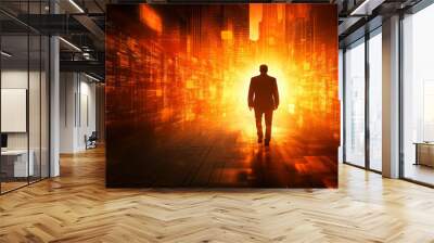 businessman stands confidently in a futuristic setting, surrounded by virtual cyber technology. This image symbolizes innovation, digital transformation, and the merging of business with technology Wall mural