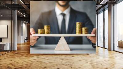 businessperson stands blurred in the background while focusing on balancing stacked coins on a seesaw, symbolizing financial stability, balance, and economic decision-making in business Wall mural