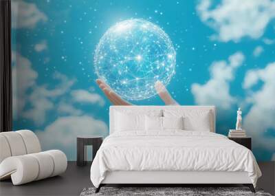 businesswoman’s hand gently holds a glowing globe representing a global network. The sphere symbolizes worldwide connectivity, innovation, and technology in a fast-evolving, interconnected digital wor Wall mural