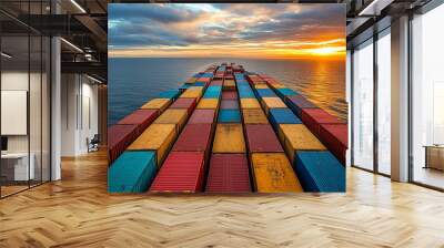 cargo ship glides across the vast, open sea, symbolizing global trade, connectivity, and the journey of goods. Its silhouette against the horizon evokes a sense of adventure and exploration Wall mural