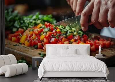 chef meticulously chops fresh vegetables on a wooden cutting board, highlighting the essence of culinary precision and the importance of using fresh ingredients in cooking Wall mural