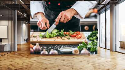 chef meticulously chops fresh vegetables on a wooden cutting board, highlighting the essence of culinary precision and the importance of using fresh ingredients in cooking Wall mural