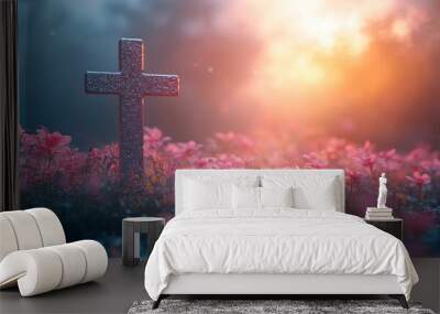 Christian cross in a blurred background, symbolizing faith, hope, and spiritual guidance. The simplicity of the scene evokes contemplation and connection to divine presence Wall mural