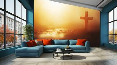 Christian cross in a blurred background, symbolizing faith, hope, and spiritual guidance. The simplicity of the scene evokes contemplation and connection to divine presence Wall mural