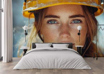 construction worker woman wearing safety gear, with transparent buildings in the background. The image symbolizes the strength, diversity, and contributions of women in the workforce, especially in co Wall mural