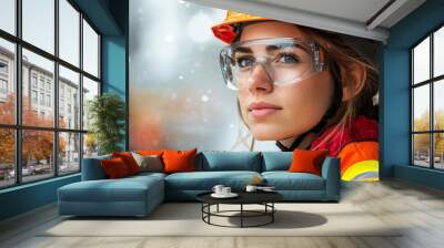 construction worker woman wearing safety gear, with transparent buildings in the background. The image symbolizes the strength, diversity, and contributions of women in the workforce, especially in co Wall mural