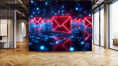 digital envelopes floats in cyberspace, representing the exchange of electronic messages. The glowing symbols and sleek design illustrate modern communication and connectivity Wall mural