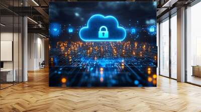 digital-themed image depicting cloud security and data storage, featuring a cloud icon surrounded by binary code and network symbols, highlighting the importance of internet cybersecurity Wall mural