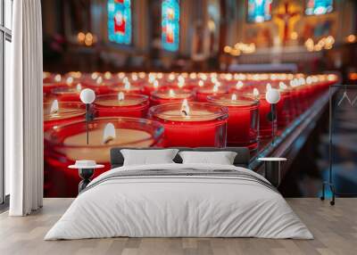 Dimly lit church interior with multiple burning candles on a stand, set against a blurred background of an ornate altar. The warm glow of the candles evokes a sense of peace, reverence, and sacredness Wall mural