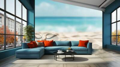 flip-flops resting on a sandy, blurred beach with turquoise water in the background. The scene evokes relaxation, carefree summer days, and a peaceful escape from daily routines Wall mural