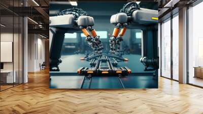 Futuristic factory automation, robots in synchronized motion, precision engineering, technology, innovation, industrial evolution, efficiency, and modern production Wall mural