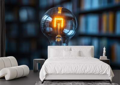 glowing light bulb illuminates against a blurred book, symbolizing clarity, insight, and inspiration emerging from knowledge Wall mural