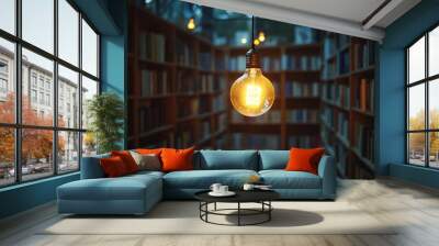 glowing light bulb illuminates against a blurred book, symbolizing clarity, insight, and inspiration emerging from knowledge Wall mural