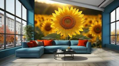 golden hour scene in a cornfield with a close-up of a vibrant sunflower, capturing the warm, tranquil essence of late afternoon light Wall mural