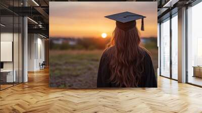 graduating girl in a cap and gown is shown from behind, emphasizing her achievement. The vibrant colors of the setting highlight her excitement and anticipation for the future ahead Wall mural