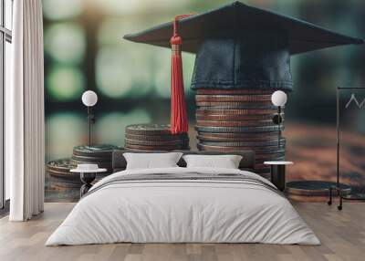 graduation cap rests on a stack of textbooks, symbolizing the cost and value of higher education. The image highlights the investment in knowledge and academic achievement Wall mural