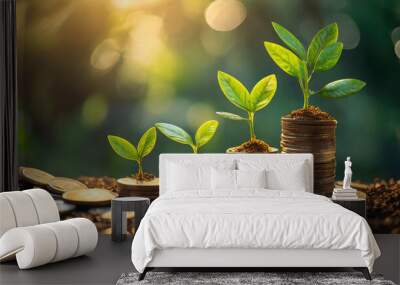 Green plants sprout from coins, symbolizing financial growth and investment in the future Wall mural