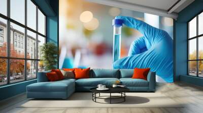 Hand holding glass test tube in lab setting, symbolic of science and discovery. Clean background with blurred lab equipment Wall mural