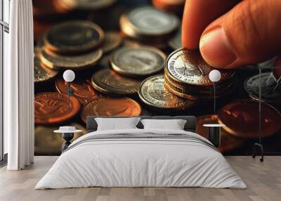 hand placing a coin on a growing stack of coins, symbolizing financial growth, investment, and savings. This image captures the essence of wealth accumulation, economic stability, and future financial Wall mural