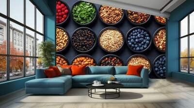 healthy vegan food including fresh fruits, berries, and vegetables displayed on a table. The colorful assortment symbolizes health, vitality, and the benefits of a plant-based diet Wall mural