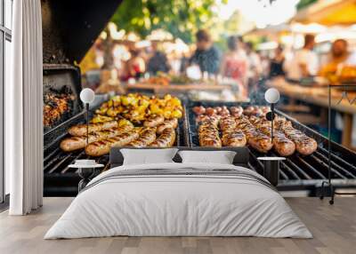 Hot, tasty grilled sausages sizzling on a charcoal grill with smoke rising, evoking a sense of warmth, outdoor cooking, and the rich, savory aroma of perfectly cooked meat Wall mural