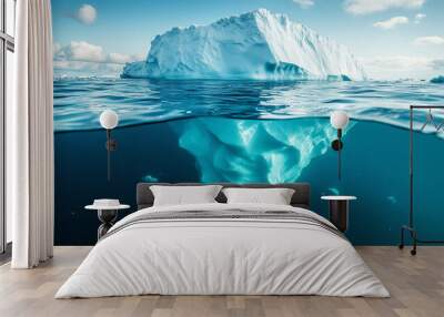 iceberg floats serenely in crystal-clear water, its white surface gleaming under sunlight. The submerged portion hints at its hidden depth, symbolizing unseen potential and mystery beneath the surface Wall mural