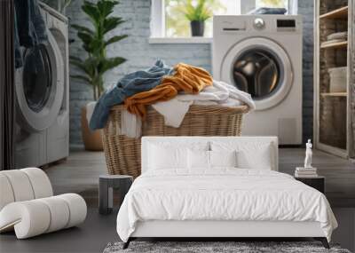 Laundry room scene with basket of clothes, washing machine in background Wall mural