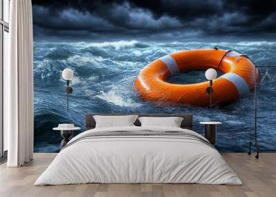 lifebuoy floats in a stormy sea, illuminated by rays of sunlight breaking through dark clouds. The scene symbolizes hope, rescue, and survival amidst chaos and adversity Wall mural