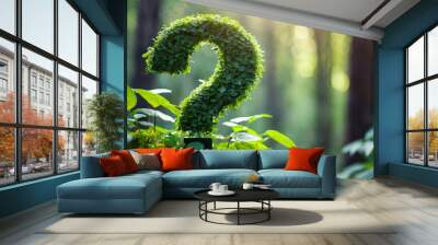 question mark symbol covered in lush green plants against a vibrant green background. The image includes ample space on the right side for captions or text, highlighting nature and inquiry themes Wall mural