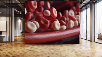 red and white blood cells flowing through a blood vessel. This medical illustration highlights the vital role of blood cells in immune defense and oxygen transportation Wall mural