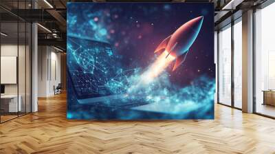 rocket launches from a digital pad or laptop screen, symbolizing the start of a new business venture or innovation. The imagery represents growth, technology, and boundless opportunities in entreprene Wall mural