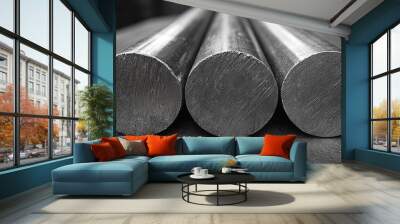 round metallic bars, highlighting their texture and shine, used in construction. The image captures the strength and durability of the material in a detailed, artistic way Wall mural