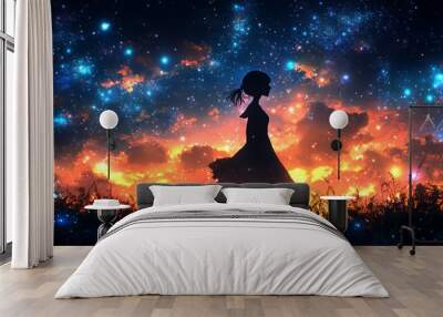 silhouette of a thin woman stands with arms raised in worship under a vast, starry night sky, symbolizing spiritual connection, inner peace, and the vastness of the universe Wall mural