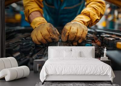 skilled car mechanic's hands working on a vehicle, highlighting the precision and expertise involved in car maintenance Wall mural