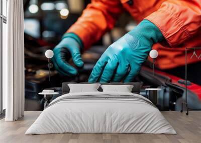 skilled car mechanic's hands working on a vehicle, highlighting the precision and expertise involved in car maintenance Wall mural