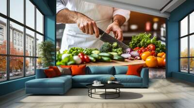 skilled chef expertly chops fresh vegetables on a rustic wooden cutting board. The vibrant colors of the produce symbolize health and creativity, highlighting the artistry of culinary preparation Wall mural