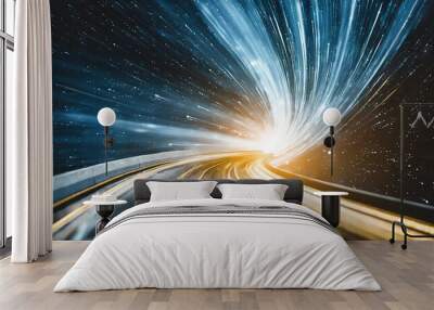 Time travel lights streak through space and galaxy, depicting the concept of light-speed travel and cosmic exploration Wall mural