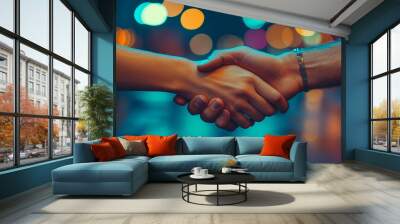 Two professional women shake hands, symbolizing business collaboration, networking, and mutual trust. This image highlights female leadership, empowerment, and successful partnerships in a corporate s Wall mural