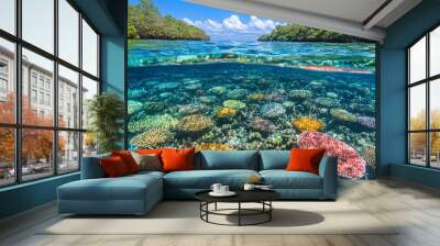 underwater view of a mangrove forest, with empty, clear waters showcasing the unique root structures. The tranquil scene evokes a sense of mystery and untouched natural beauty Wall mural